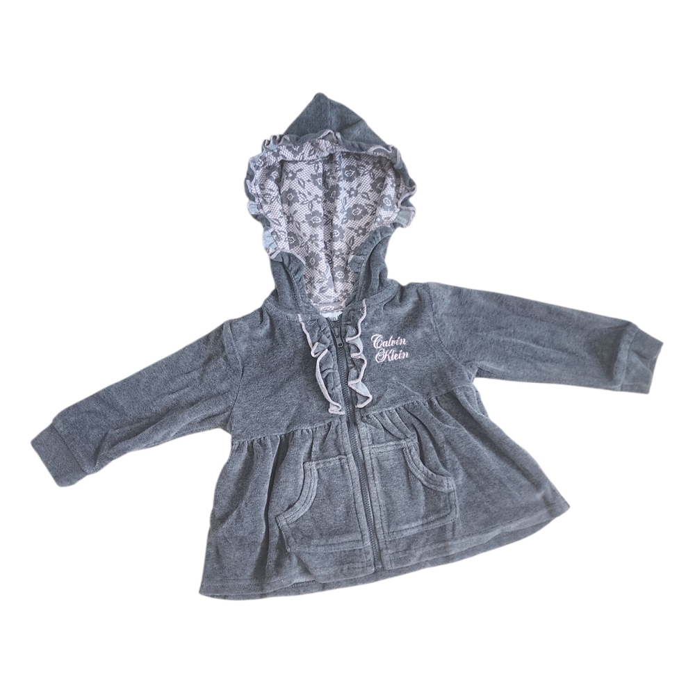 Calvin Klein Baby Girls Zip-Up Peplum Hoodie Size 12M Grey Ruffles Logo.